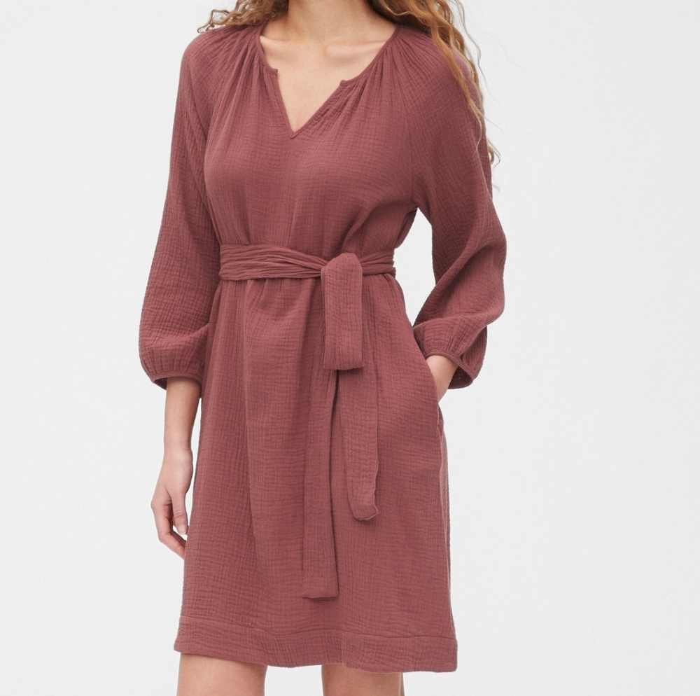 Gap Apple Butter Red Split Neck Gauze Dress